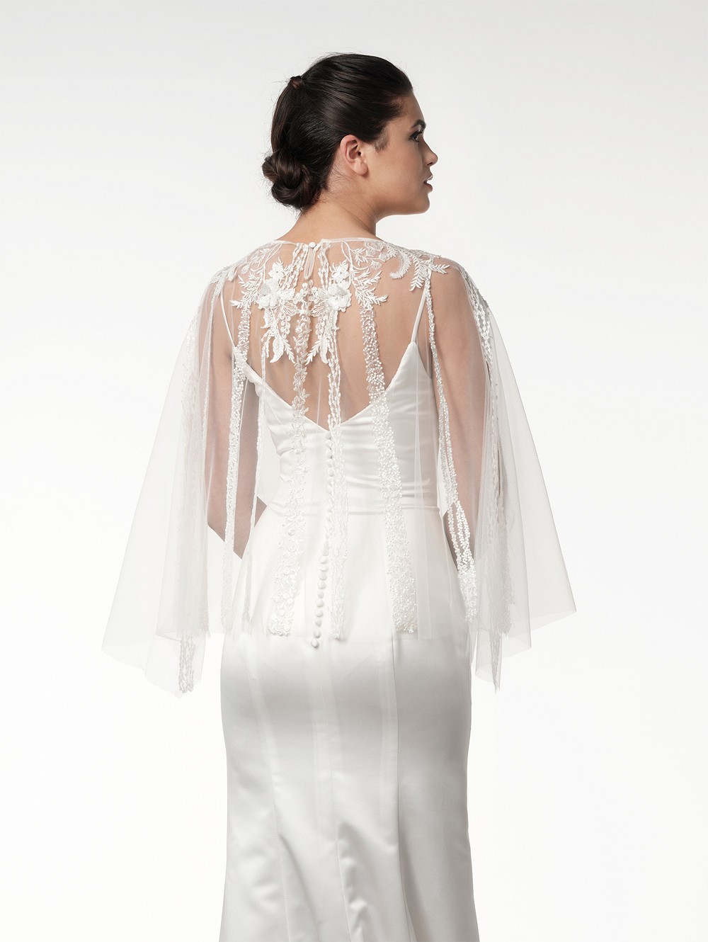 Νυφική Κάπα τούλινη ιβουάρ με κεντημένη δαντέλα | Cape Lace T-123 - Image 2